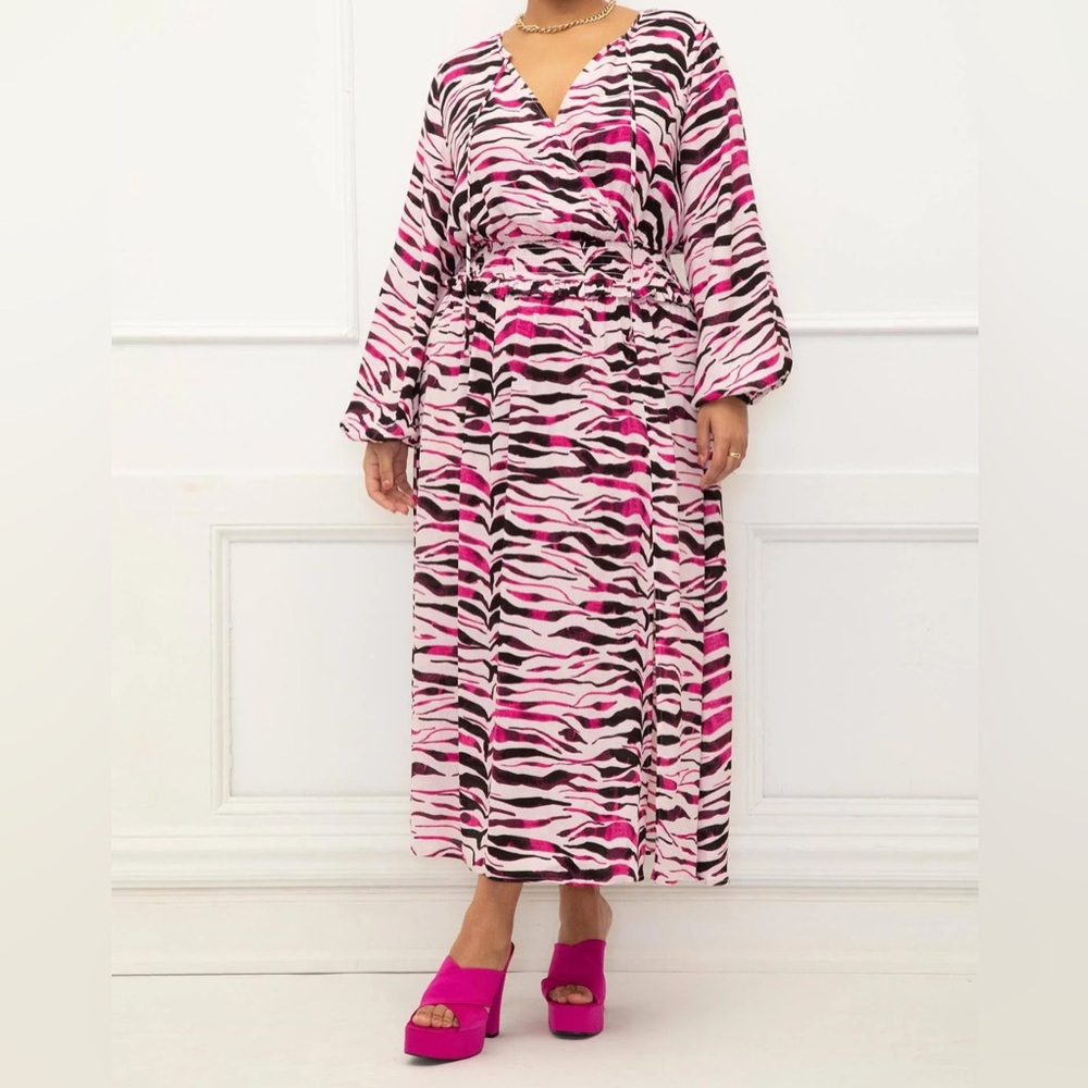 Eloquii Pink and Black Bell Sleeve Wrap Sundress